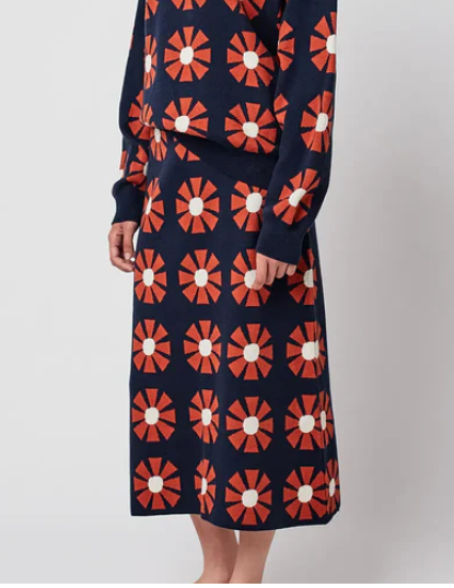 Flower jacquard midi knitted skirt NAVY BLUE B225AD042
