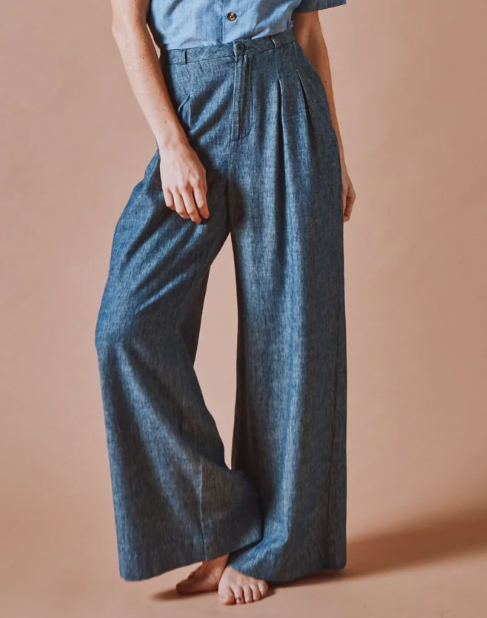 PANTALON COTON & LIN AMPLE IDA-DAIM MARINE CHINE